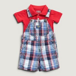 OshKosh B'gosh Baby Boys Red Polo Bodysuit & Plaid Shortalls Set 18M